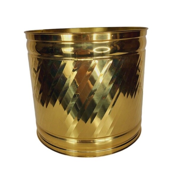 VTG Polished Brass Hollywood Regency Gold Set of Two Large Round Barrel Planters - Picture 9 of 15